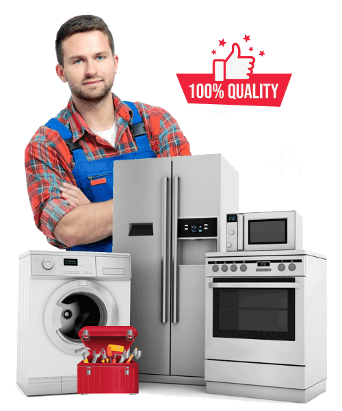 Repair technician with refrigerator, washer, and stove for Quick Repair appliance repair Dubai